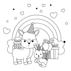 Reindeer and rabbit with happy birthday icon design
