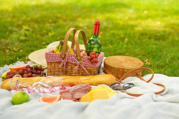 Picnic, camping in the gardens, romance and relaxation. Summer and mood. Weekend and vacation, sunny mood