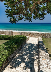 Naklejka premium Summer caribbean coastline panoramic view, tropical green garden with stairs to the beach with stone wall, splashes, white Aleli tree, Sosua, Puerto Plata. Dominican Republic