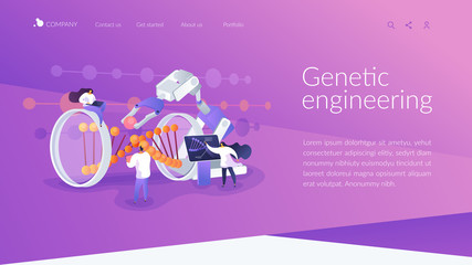 Innovative biotechnology. Medical, biological research. DNA recombination. Genetic engineering, genetic modification, genetic manipulation concept. Website homepage header landing web page template..