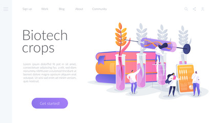 Agricultural genetics. Plants growing in test tube. Scientists breeding artificial crop. Genetically modified plants, GM crops, biotech crops concept. Website homepage header landing web page template