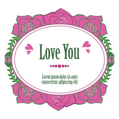 Elegant art cute purple rose flower frame, for template of text love you. Vector