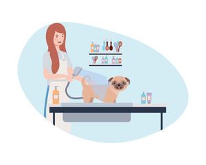 young woman with dog in pet groomer