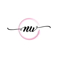 Obraz premium NU initial handwriting logo template. round logo in watercolor color with handwritten letters in the middle. Handwritten logos are used for, weddings, fashion, jewelry, boutiques and business