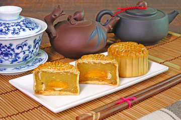 Moon cake for Mid autumn festival (Zhongqiujie or Zhongqiu festival) , Retro vintage style of Chinese traditional food and dessert. (Moon cake is call 