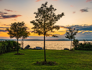 Sunset at Clardon Beach Georgina Ontario, with great view of the lake, trees, stones, clouds, and light