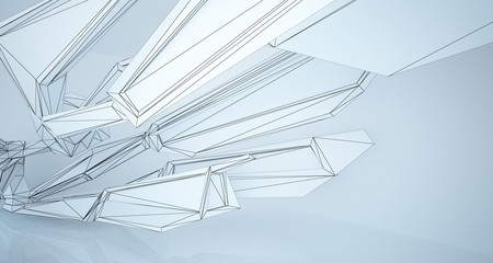 Abstract architectural white interior of a minimalist house with large windows. Drawing. 3D illustration and rendering.
