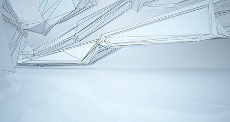 Abstract architectural white interior of a minimalist house with large windows. Drawing. 3D illustration and rendering.