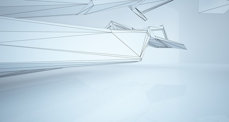 Abstract architectural white interior of a minimalist house with large windows. Drawing. 3D illustration and rendering.