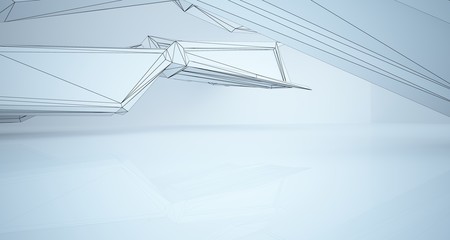 Abstract architectural white interior of a minimalist house with large windows. Drawing. 3D illustration and rendering.