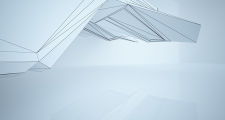 Abstract architectural white interior of a minimalist house with large windows. Drawing. 3D illustration and rendering.