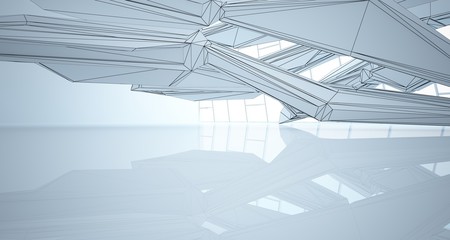 Abstract architectural white interior of a minimalist house with large windows. Drawing. 3D illustration and rendering.
