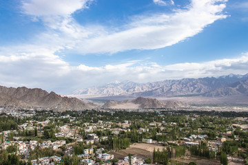 Fototapeta na wymiar Landscape view of rural valley from shanti stupa in Leh Ladakh, Jammu and Kashmir.