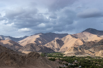 Fototapeta na wymiar Landscape view of rural valley from shanti stupa in Leh Ladakh, Jammu and Kashmir.