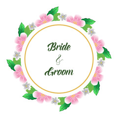 Romantic wedding for card simple bride and groom, with decor colorful wreath frame. Vector