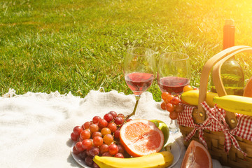 Picnic, outdoor recreation with space. Summer and mood. Weekend and vacation, solarium mood.