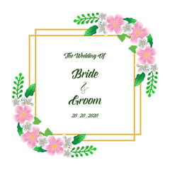 Calligraphic design lettering element bride and groom, with elegant colorful wreath frame. Vector