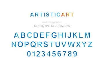 Original alphabet with letters and numbers in blue colour for creative design template. Flat illustration EPS10
