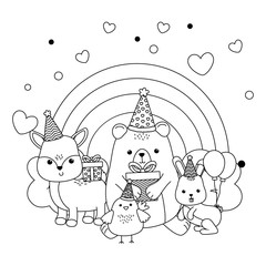 Bear reindeer rabbit and chicken with happy birthday icon design