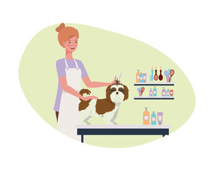 young woman with dog in pet groomer