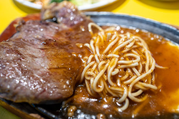 Taiwanese style beef steak and spaghetti