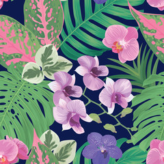 Seamless pattern of colorful orchid flowers and tropical leaf background. Vector set of exotic tropical garden for holiday invitations, greeting card and fashion design.