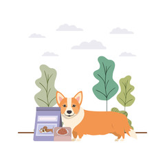 dog with bowl and pet food on landscape
