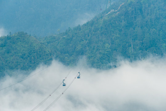 Cable car carrying passengers to Fansipan (3,143 m) mountain the highest mountains peak in Vietnam. This is the world's longest electric cable car. 