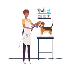 young woman with dog in pet groomer