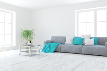 Stylish room in white color with sofa. Scandinavian interior design. 3D illustration