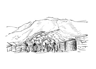 Drawing of China wall along the mountain 