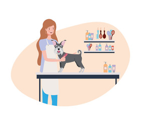 young woman with dog in pet groomer