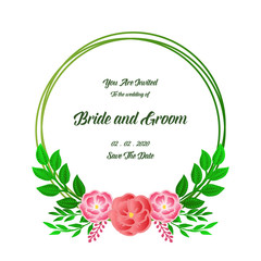 Template of invitation card bride and groom, with modern design rose wreath frame and green leaves. Vector