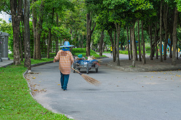 An Asian woman is sweeping dry leaves by the road in the outdoor garden. Cleaning concept.