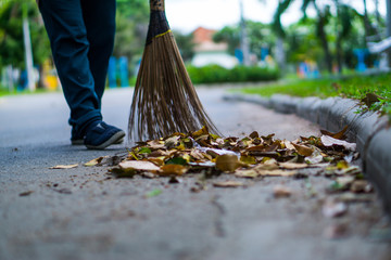 An Asian woman is sweeping dry leaves by the road in the outdoor garden. Cleaning concept.