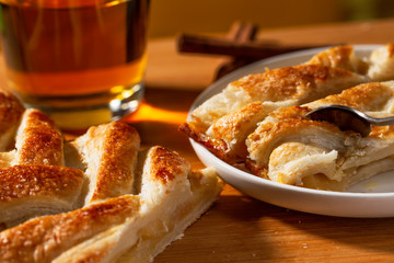 Closeup of apple pie, sliced apple pie