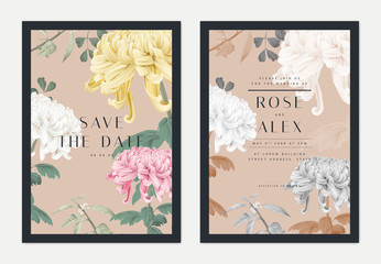 Floral wedding invitation card template design, Chrysanthemum morifolium flowers with leaves on brown, pastel vintage theme
