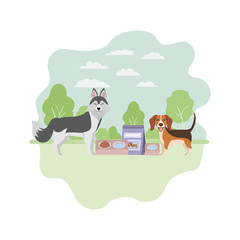 Obraz na płótnie Canvas dogs with bowl and pet food on landscape