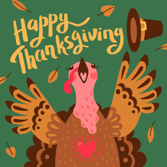 Happy Thanksgiving card with turkey. Cartoon Character Turkey