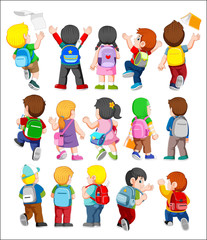 Collection of Back View Illustration of Kids wearing Backpacks