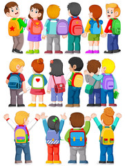 Collection of Back View Illustration of college student wearing Backpacks