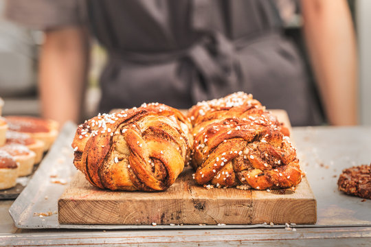Twisted traditional swedish cinnamon rolls at a café