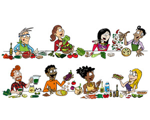 Eight vegan and vegetarian characters eating their meals