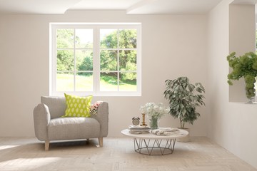 Mock up of stylish room in white color with armchair and green landscape in window. Scandinavian interior design. 3D illustration