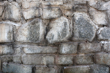 A wall of large stones. Close-up of the retaining wall between the garden and the sidewalk. The rounded edges of fieldstone and flagstone vary, large and small, gray and brown, natural.