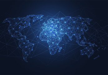 Naklejka premium Globalne połączenie sieciowe. Koncepcja punktu i linii mapy świata globalnego biznesu. Ilustracji wektorowych