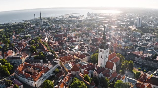 Tallinn, Estonia: morning drone panorama view of old town with seaport (Tallinna vanasadam)