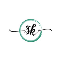 Fototapeta premium SK initial handwriting logo template. round logo in watercolor color with handwritten letters in the middle. Handwritten logos are used for, weddings, fashion, jewelry, boutiques and business