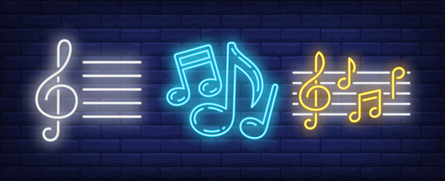 Stave, Treble Clef And Music Notes Neon Signs Set