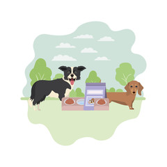 dogs with bowl and pet food on landscape